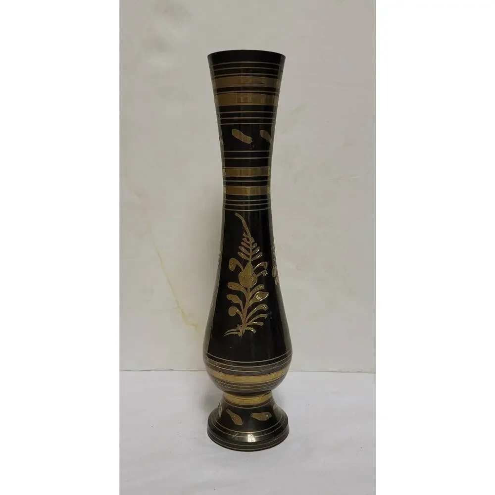 Vintage Indian Brass Metal Fluted Footed Vase Black Patina Etched Floral Pattern